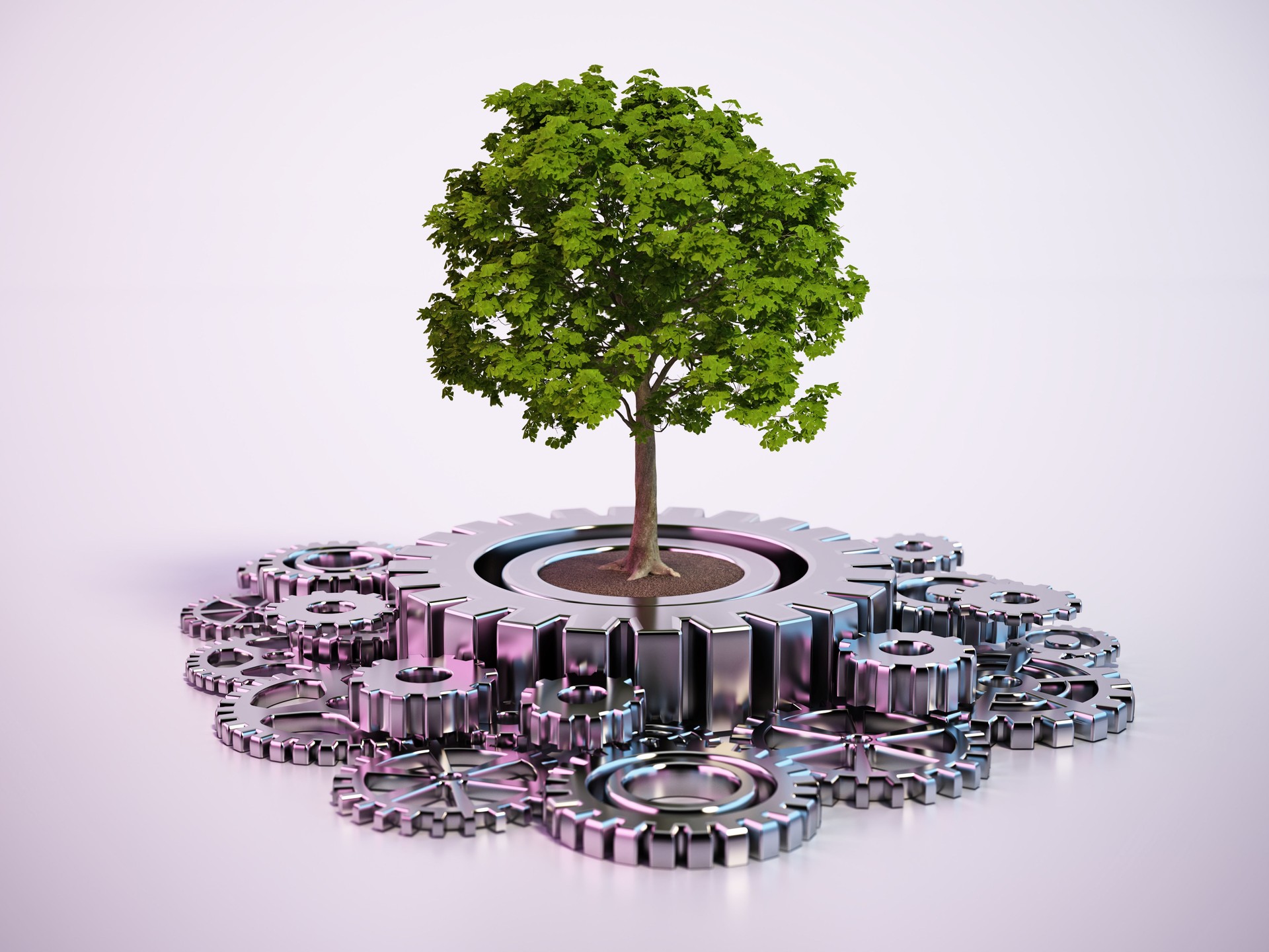 Green Tree Growing on Interlocking Metal Gears. Eco Business Concept